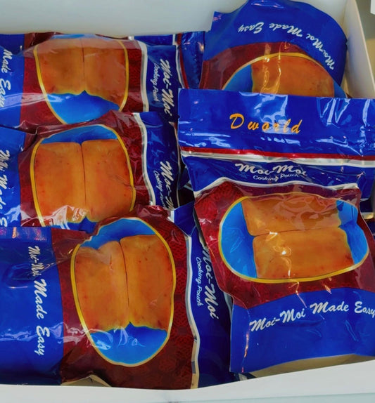 Multiple packages of Moi-Moi with blue and red packaging.